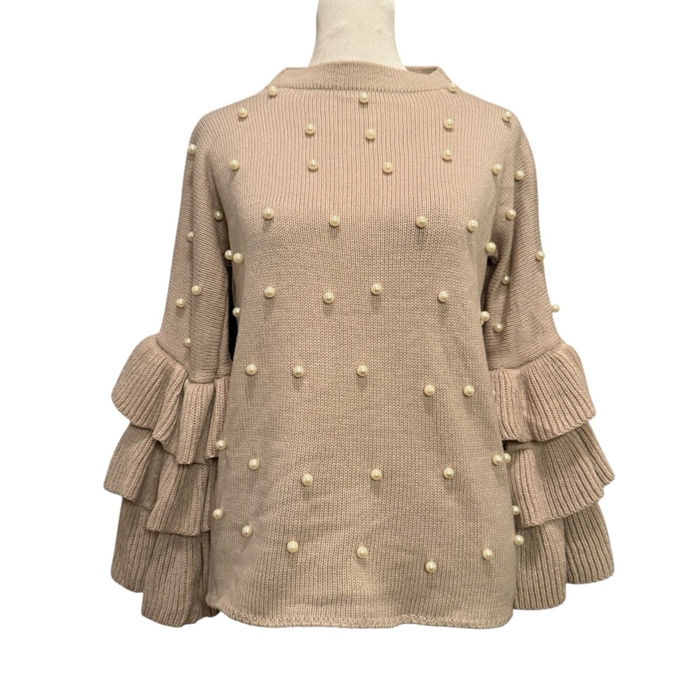Chic Pink Sweater with Pearls and Ruffle Sleeves